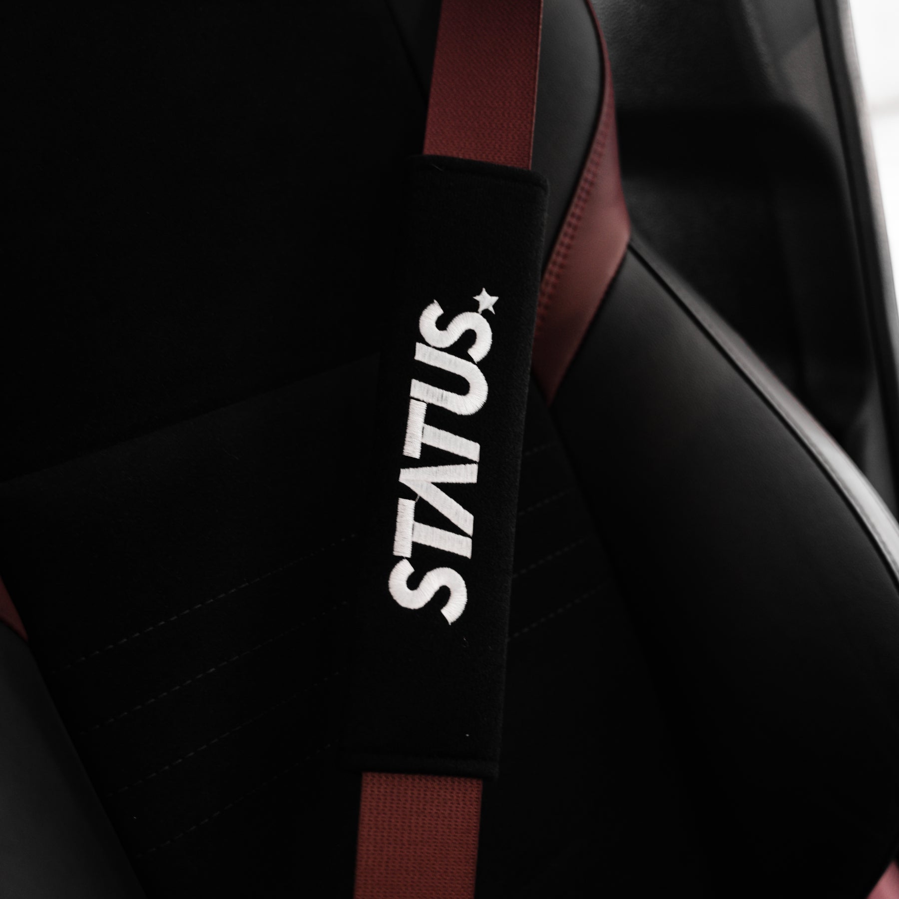Pair Of STI Embroidered Seat Belt Shoulder Pads – Red On Black – Breathable Polyester – 27cm